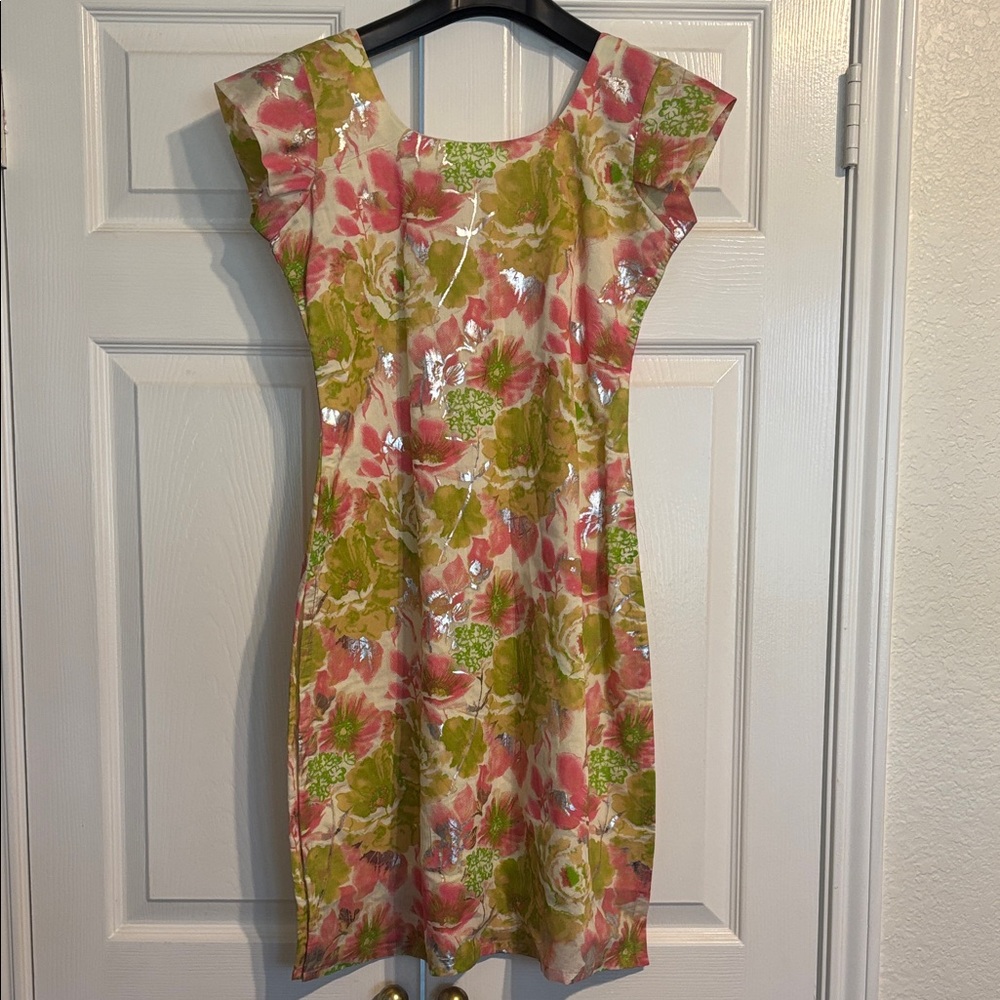 Shimmer Floral Cap-Sleeve Mini Dress in Pink and Green